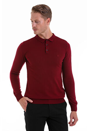 Bordo Regular Fit Düz Polo Yaka Triko Kazak