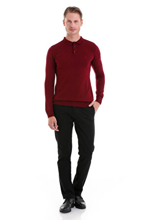 Bordo Regular Fit Düz Polo Yaka Triko Kazak