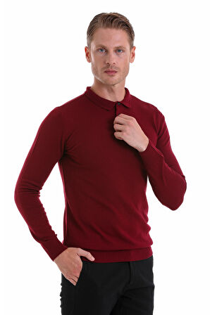 Bordo Regular Fit Düz Polo Yaka Triko Kazak