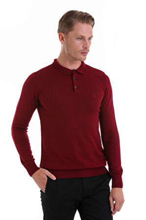 Bordo Regular Fit Düz Polo Yaka Triko Kazak