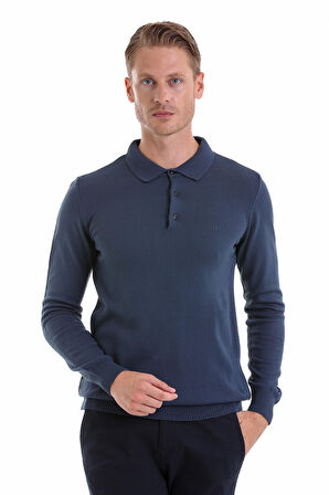 indigo Regular Fit Düz Polo Yaka Triko Kazak