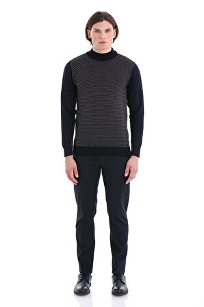 Lacivert Regular Fit Jakarlı Yarım Balıkçı Yaka Triko Kazak | XXL