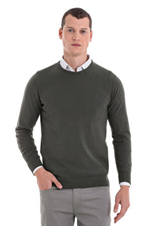 Haki Regular Fit Düz Bisiklet Yaka 100% Pamuklu Triko Kazak | M