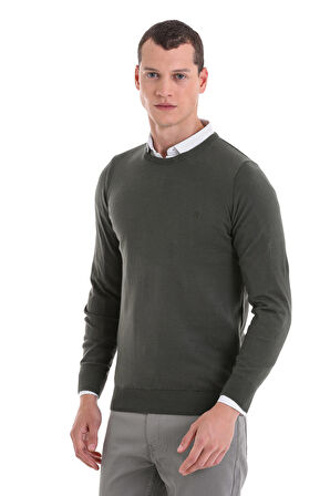 Haki Regular Fit Düz Bisiklet Yaka 100% Pamuklu Triko Kazak | M