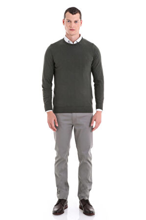 Haki Regular Fit Düz Bisiklet Yaka 100% Pamuklu Triko Kazak | XL