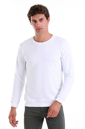 Beyaz Regular Fit Düz Pamuklu Bisiklet Yaka Sweatshirt
