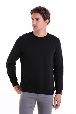 Siyah Regular Fit Düz Pamuklu Bisiklet Yaka Sweatshirt