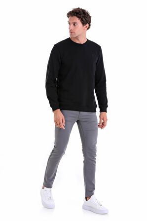 Siyah Regular Fit Düz Pamuklu Bisiklet Yaka Sweatshirt