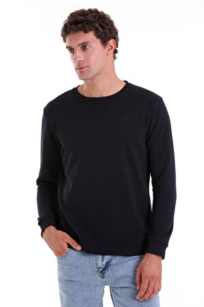 Lacivert Regular Fit Düz Pamuklu Bisiklet Yaka Sweatshirt
