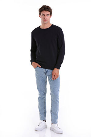 Lacivert Regular Fit Düz Pamuklu Bisiklet Yaka Sweatshirt