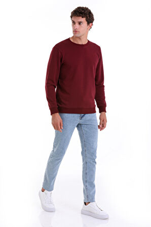 Bordo Regular Fit Düz Pamuklu Bisiklet Yaka Sweatshirt