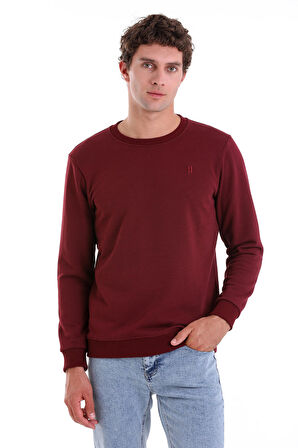 Bordo Regular Fit Düz Pamuklu Bisiklet Yaka Sweatshirt