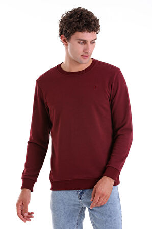 Bordo Regular Fit Düz Pamuklu Bisiklet Yaka Sweatshirt