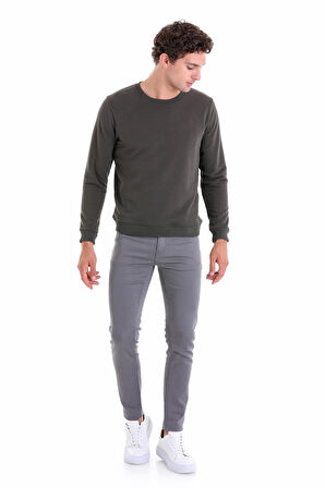 Haki Regular Fit Düz Pamuklu Bisiklet Yaka Sweatshirt