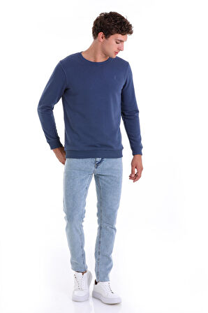 indigo Regular Fit Düz Pamuklu Bisiklet Yaka Sweatshirt