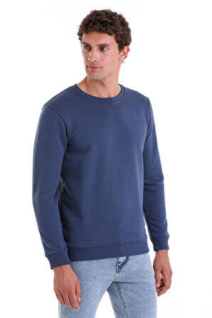 indigo Regular Fit Düz Pamuklu Bisiklet Yaka Sweatshirt