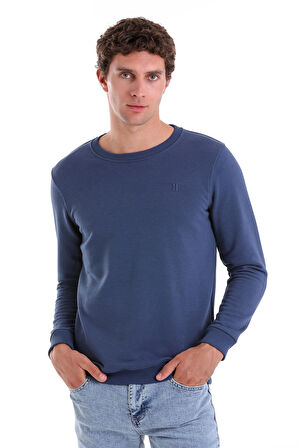 indigo Regular Fit Düz Pamuklu Bisiklet Yaka Sweatshirt