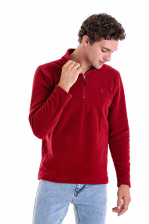 Bordo Regular Fit Düz Yarım Boy Fermuarlı Polar Sweatshirt