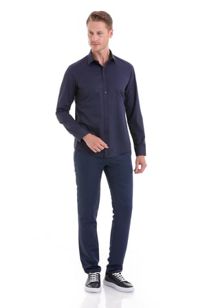 Lacivert D. Slim Fit Desenli Pamuklu Slim Yaka Uzun Kollu Spor Gömlek
