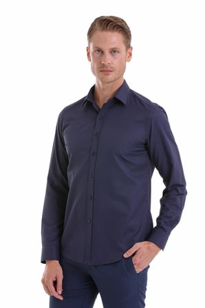 Lacivert D. Slim Fit Desenli Pamuklu Slim Yaka Uzun Kollu Spor Gömlek