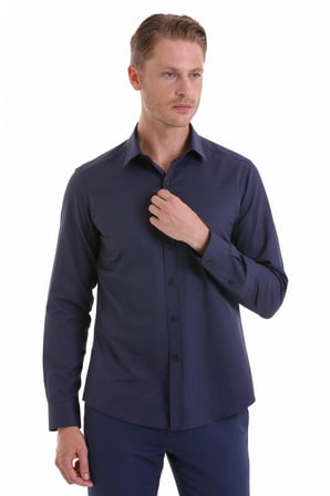Lacivert D. Slim Fit Desenli Pamuklu Slim Yaka Uzun Kollu Spor Gömlek