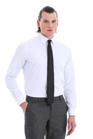 Beyaz Slim Fit Desenli Pamuklu Uzun Kollu Klasik Gömlek | S