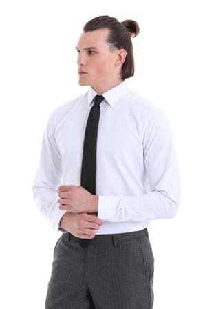 Beyaz Slim Fit Desenli Pamuklu Uzun Kollu Klasik Gömlek | S