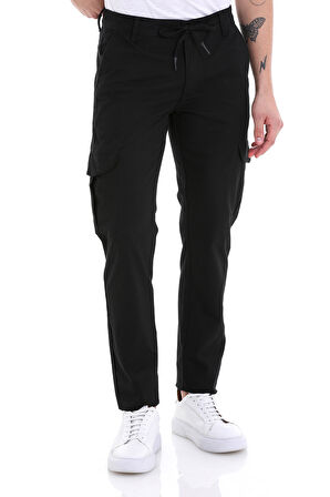 Siyah Dinamik Fit Desenli Pamuklu Yandan Cepli Kanvas Pantolon | 32