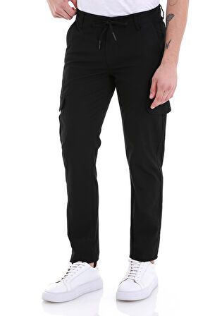 Siyah Dinamik Fit Desenli Pamuklu Yandan Cepli Kanvas Pantolon | 32