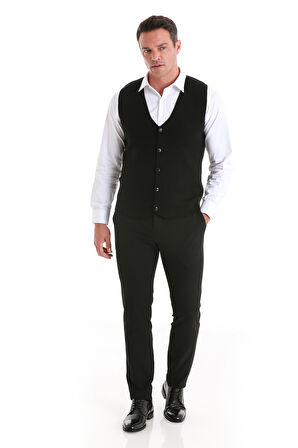Siyah Regular Fit Düz V Yaka Triko Yelek | L