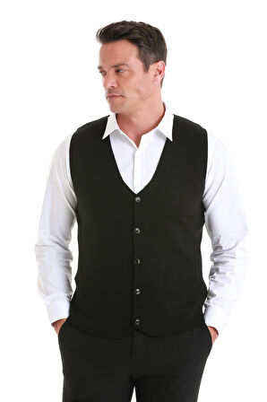 Siyah Regular Fit Düz V Yaka Triko Yelek | L