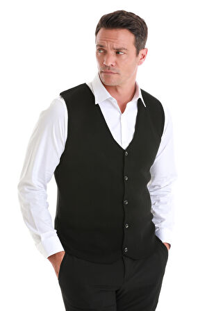 Siyah Regular Fit Düz V Yaka Triko Yelek | L