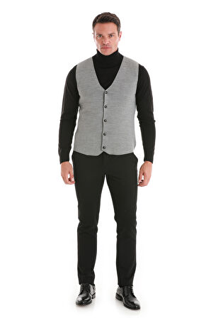 Gri Regular Fit Düz V Yaka Triko Yelek | 3XL