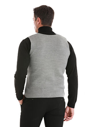 Gri Regular Fit Düz V Yaka Triko Yelek | 3XL