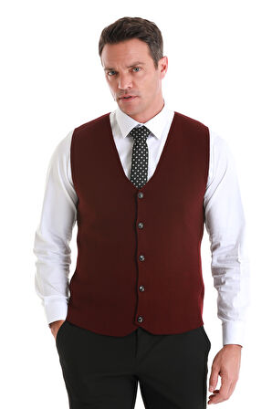 Bordo Regular Fit Düz V Yaka Triko Yelek | L