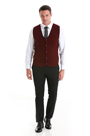 Bordo Regular Fit Düz V Yaka Triko Yelek | L