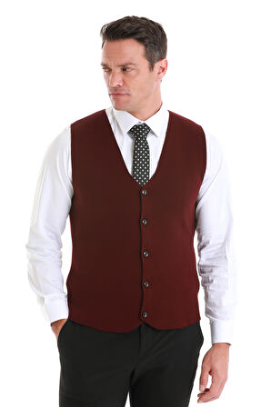 Bordo Regular Fit Düz V Yaka Triko Yelek | L