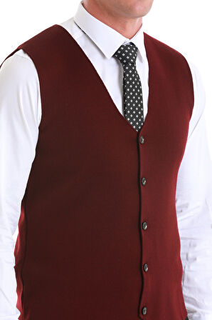 Bordo Regular Fit Düz V Yaka Triko Yelek | L