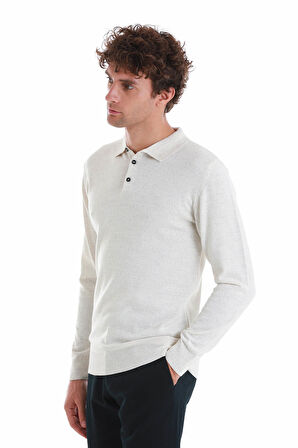 Bej Regular Fit Düz Polo Yaka Triko Kazak | XL