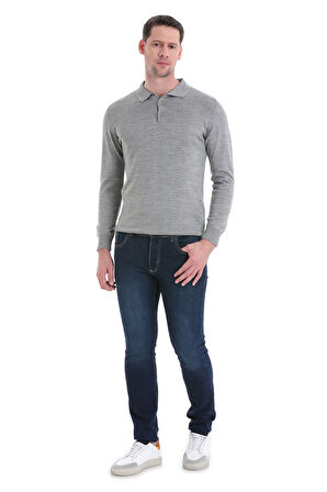 Gri Regular Fit Düz Polo Yaka Triko Kazak | L