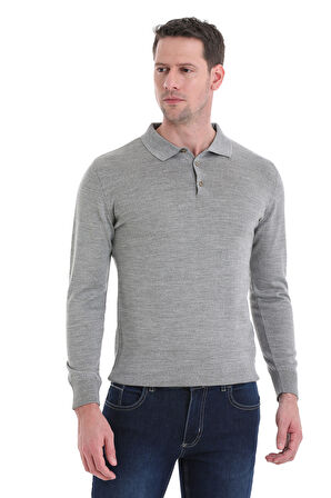 Gri Regular Fit Düz Polo Yaka Triko Kazak | L
