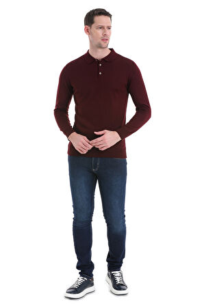 Bordo Regular Fit Düz Polo Yaka Triko Kazak | S