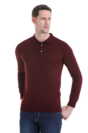 Bordo Regular Fit Düz Polo Yaka Triko Kazak | S