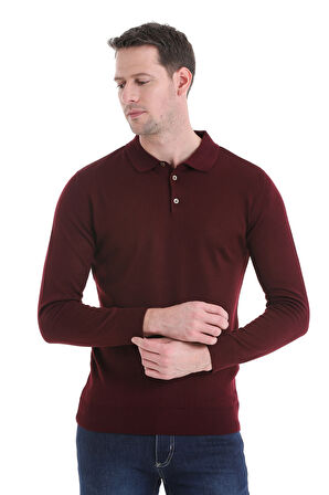 Bordo Regular Fit Düz Polo Yaka Triko Kazak | S