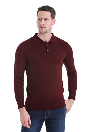 Bordo Regular Fit Düz Polo Yaka Triko Kazak | XL
