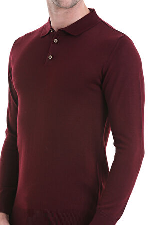 Bordo Regular Fit Düz Polo Yaka Triko Kazak | XL