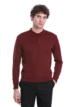 Kiremit Regular Fit Düz Polo Yaka Triko Kazak | M