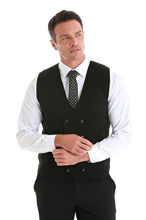 Siyah Regular Fit Düz Kruvaze Triko Yelek | XL