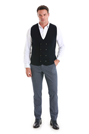 Lacivert Regular Fit Düz Kruvaze Triko Yelek | L