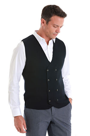 Lacivert Regular Fit Düz Kruvaze Triko Yelek | L